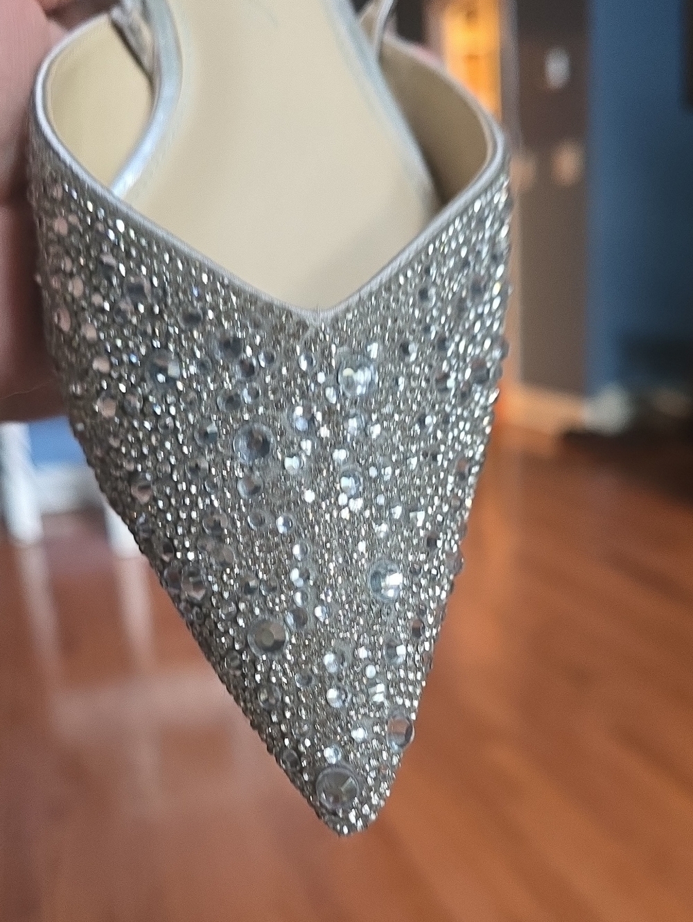 Betsey Johnson Silver Crystal-Embellished Pointed Toe Slingback Flats